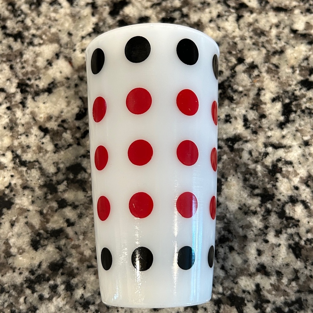 Vtg Milk-glass tumbler with red and black polka dots5 inches tall